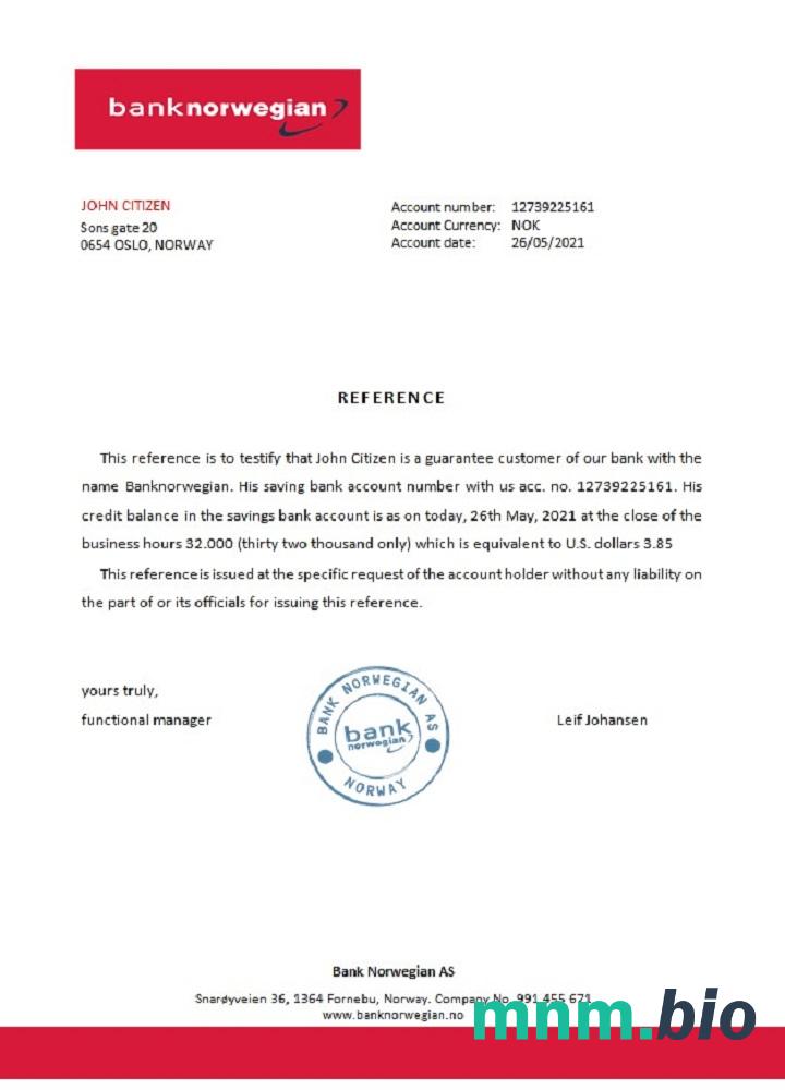 Norweski Bank Norweski przykład odniesienia w formatach Word i PDF